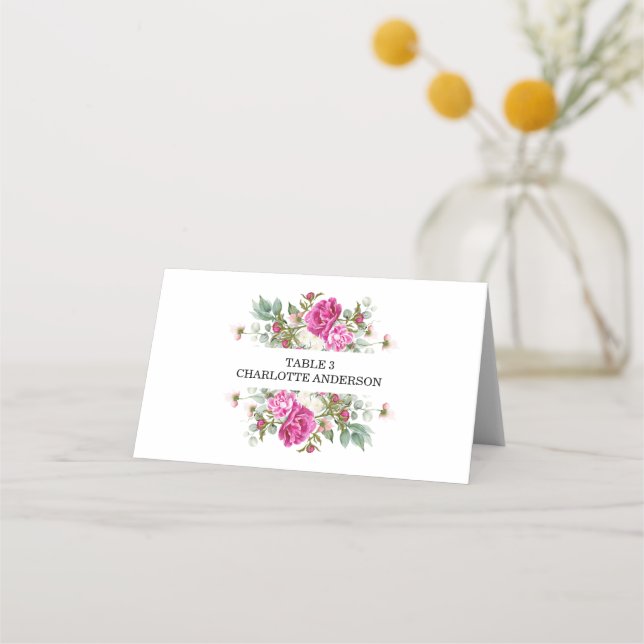 Elegant Floral Pink Peony Monogram Wedding Platzkarte (Vorderseite)