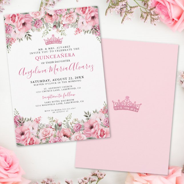 Elegant Floral Pink Quinceanera Einladung (Elegant Floral Pink Quinceanera Invitation)
