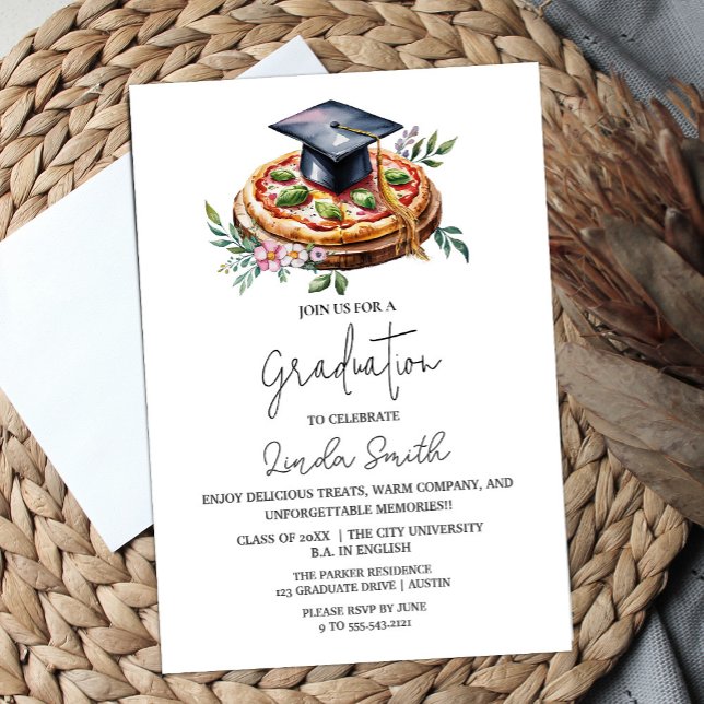 Elégant Floral Pizza Graduation Invitation (Elegant Floral Pizza Graduation Invitation #pizzaparty #zazzlemade #watercolorpizza #graduationparty)