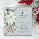 Elegant Floral Poinsettia 40. Dezember Geburtstag Einladung<br><div class="desc">In diesem Winterurlaub, der zum 40. Geburtstag des Party wurde, mit all den festlichen Stimmung der Weihnachtszeit, präsentiert sich ein wunderschöner, kaskadenförmig anmutender Bouquet mit weißen Aquarellfarben, die Rot-Grün-Blumenelementen auf einem staubblauen Hintergrund. Sie können das Alter bei Bedarf in jedes Alter ändern. Geburtstage im Dezember verlieren sich oft bei den...</div>