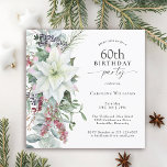 Elegant Floral Poinsettia 60. Dezember Geburtstag Einladung<br><div class="desc">Mit all den festlichen Aussichten der Weihnachtszeit, dieses Winterurlaub Thema 60. Geburtstag Party-Design bietet ein schönes Cascading Bouquet von weißen Aquarelltaschen und die hintere rot-grüne Blumenelemente auf einem sauberen weißen Hintergrund. Sie können das Alter bei Bedarf in jedes Alter ändern. Geburtstage im Dezember verlieren sich oft bei den Feierlichkeiten. Sie...</div>
