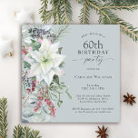 Elegant Floral Poinsettia 60. Dezember Geburtstag Einladung<br><div class="desc">In diesem Winterurlaub zum Thema 60. Geburtstag feiert die Weihnachtssaison mit ihren festlichen Aussichten ein wunderschönes Cascading-Bouquet mit weißen Wasserfarben-Poinsettien, das rote und grüne Blumenelemente auf einem staubigen blauen Hintergrund hinterlässt. Sie können das Alter bei Bedarf in jedes Alter ändern. Geburtstage im Dezember verlieren sich oft bei den Feierlichkeiten. Sie...</div>