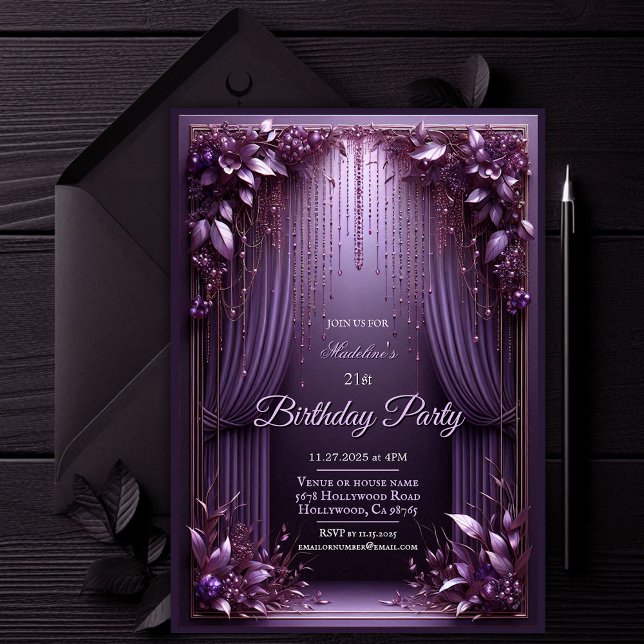 Elégant Floral Purple Invitation de fête d'anniver (Elegant Floral Amethyst Purple Birthday Party Invitation)