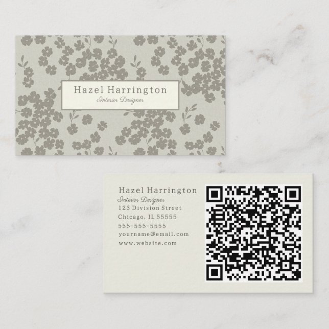 Élégant Floral QR Code Carte de visite neutre (Devant / Derrière)