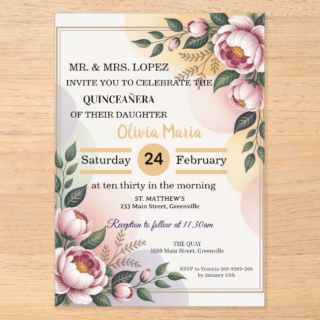 Elegant floral Quinceañera Einladung - bearbeitbar (Vorderseite)