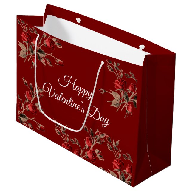 Elegant Floral Red Happy Valentine’s Day  Große Geschenktüte (Vorderseite Schrägansicht)