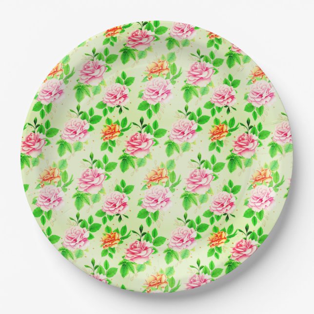Elegant Floral Roses Green Leaves Pattern-23675 Pappteller (Vorderseite)