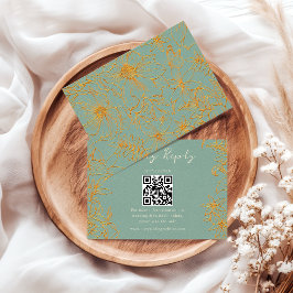 Elegant Floral Sage Green Gold QR Code Wedding RSVP Karte