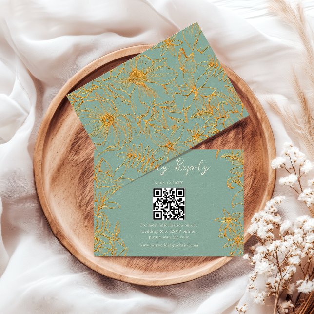 Elegant Floral Sage Green Gold QR Code Wedding RSVP Karte (Von Creator hochgeladen)