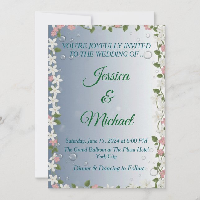 Elegant Floral Silver & Blue Wedding Invitation  (Devant)