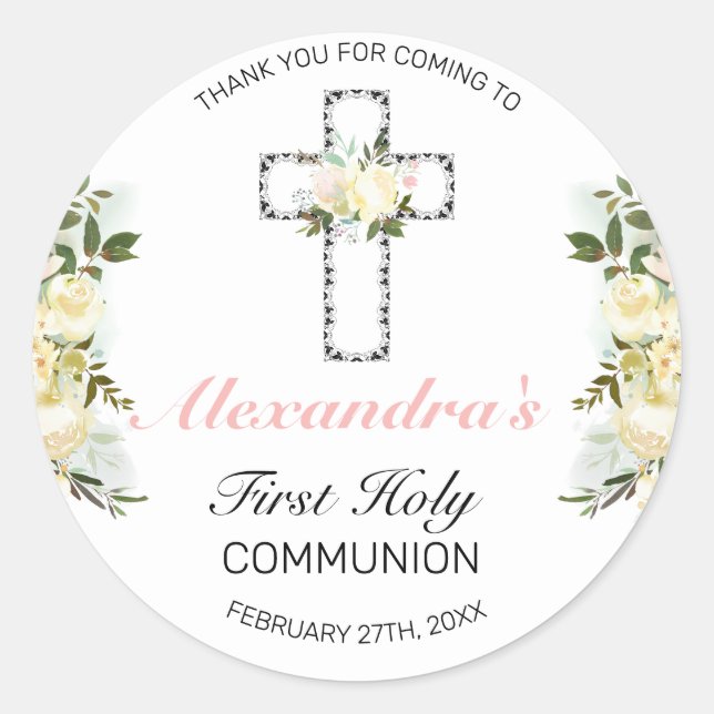 Elegant Floral Silver Cross Erste Heilige Kommune Runder Aufkleber (Vorderseite)