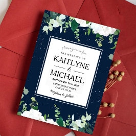 Elegant Floral Square Botanical Navy Wedding Einladung