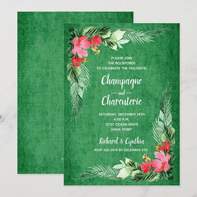 Élégant floral sur les Invitations de Noël vert (Devant / Derrière)