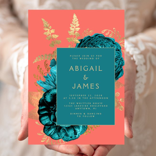 Elegant Floral Teal Blue Coral Gold Wedding Einladung (Von Creator hochgeladen)