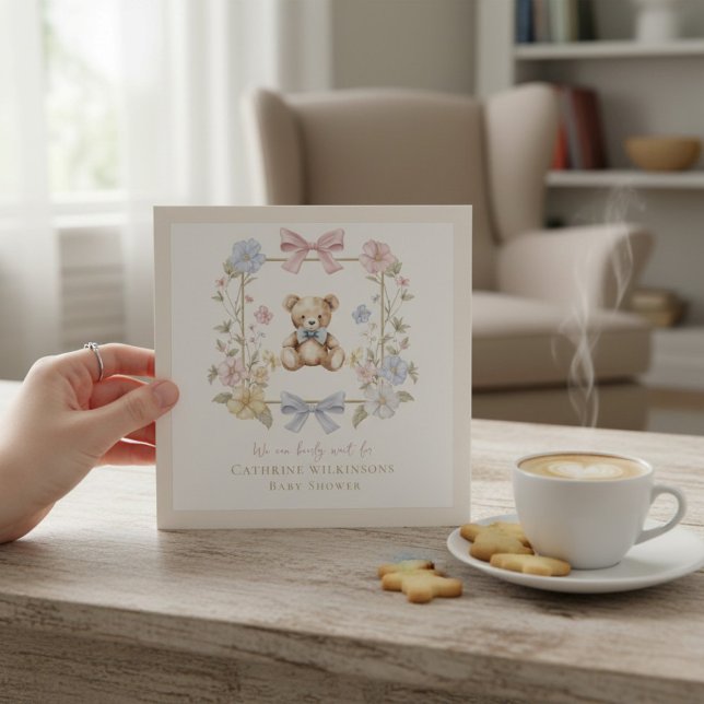 Elegant Floral Teddy  pastel  baby shower QR code Einladung (Von Creator hochgeladen)