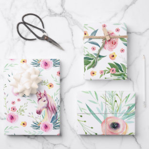 Elegant Floral Unicorn Geschenkpapier Set