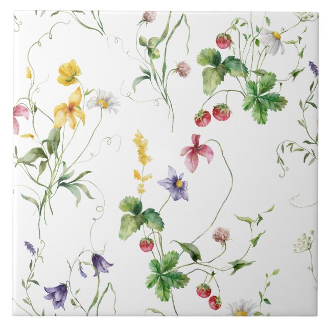 Elegant Floral Vines Strawvberry Design Fliese (Vorderseite)
