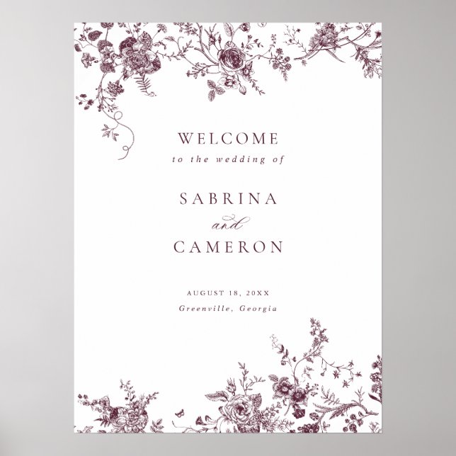 Élégant floral Vintage Merlot Mariage Affiche de b (Devant)