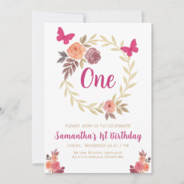 Elegant Floral  Watercolor 1st Birthday Einladung