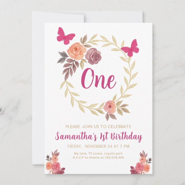 Elegant Floral  Watercolor 1st Birthday Einladung (Vorderseite)
