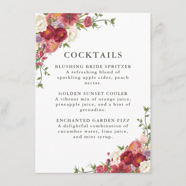 Elegant Floral Wedding Cocktail Menu Menükarte (Vorderseite)
