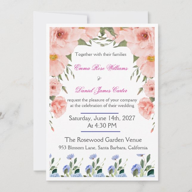 Elegant Floral Wedding Invitation | Blush Pink  Einladung (Vorderseite)