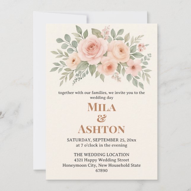 Elegant Floral Wedding Invitation – Editable Einladung (Vorderseite)