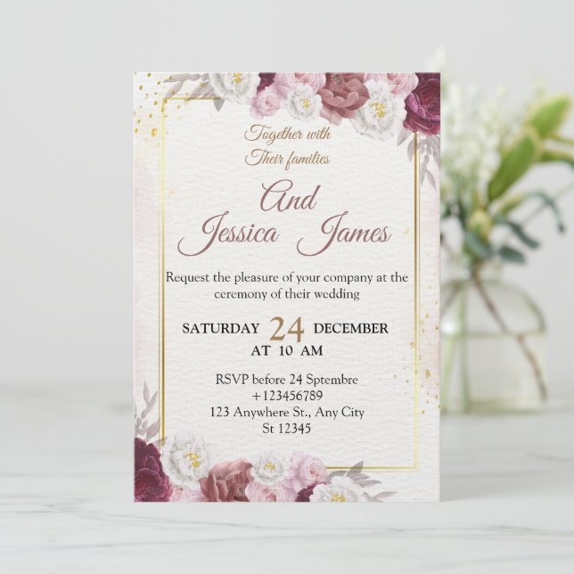 Elegant Floral Wedding Invitation Modern card (Debout devant)