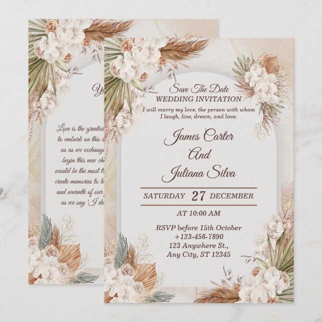 Elegant Floral Wedding Invitation Modern card (Devant / Derrière)