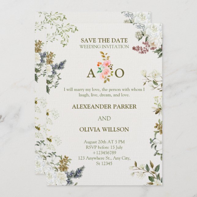 Elegant Floral Wedding Invitation – Modern CARD (Devant / Derrière)