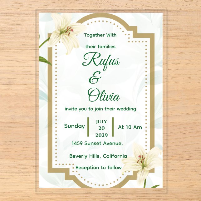 Elegant Floral Wedding Invitation with Gold Frame  Acryleinladungen (Vorderseite)