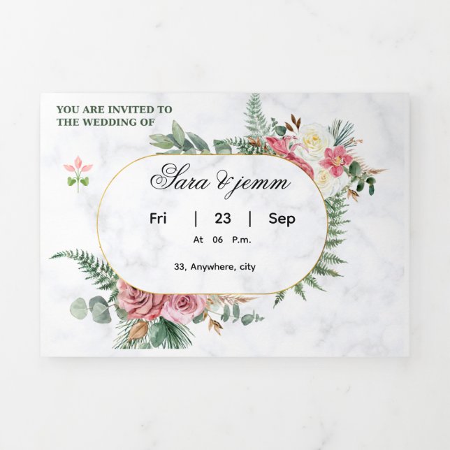 Elegant Floral Wedding Invitation with Gold Oval F (Page de couverture)