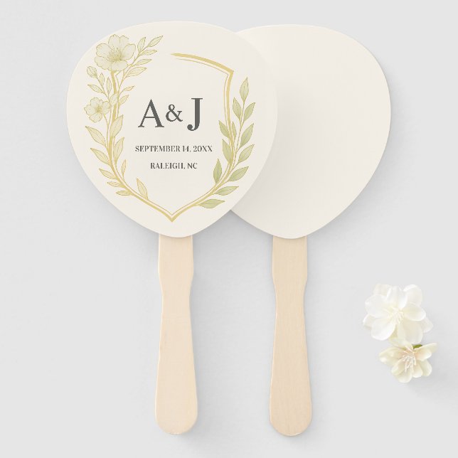 Elegant Floral Wedding Wappen Monogram Ivory Fächer (Vorne und Hinten)