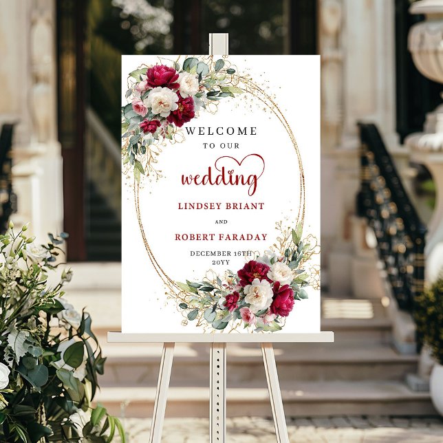 Elegant Floral Wedding Welcome Sign Personalized  Poster (blush and burgundy flowers roses,
boho watercolor deep red romantic,
burgundy blush wedding welcome )