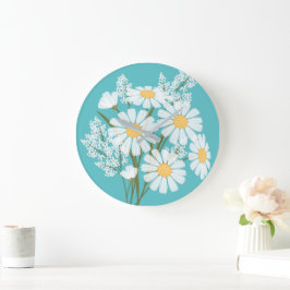 Elegant Floral White Daisies auf Aquamarin Große Wanduhr