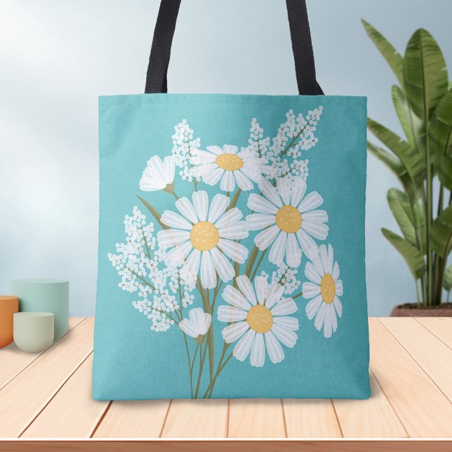 Elegant Floral White Daisies auf Aquamarin Tasche (Von Creator hochgeladen)