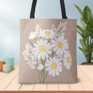 Elegant Floral White Daisies auf Beige Tasche