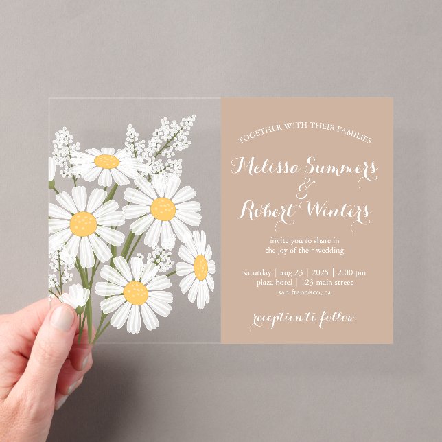 Elegant Floral White Daisies Bouquet Wedding Beige Acryleinladungen (Insitu (Handheld))