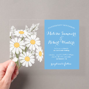 Elegant Floral White Daisies Bouquet Wedding Blue Acryleinladungen
