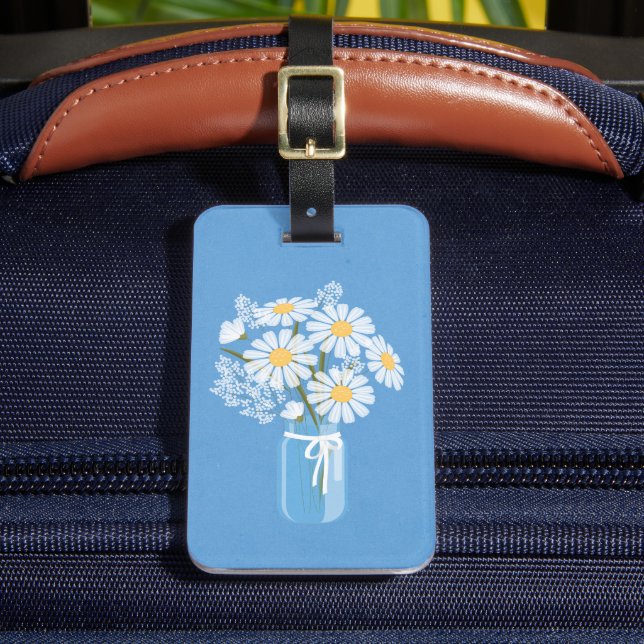 Elegant Floral White Daisies Mason Jar Blue Gepäckanhänger (Vorderseite Insitu 2)