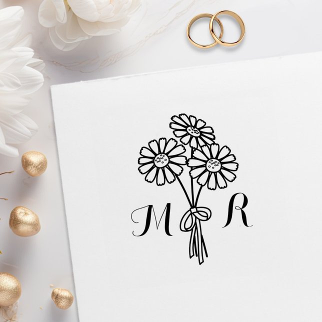 Elegant Floral White Daisies Monogram Wedding Gummistempel (Von Creator hochgeladen)