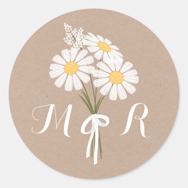 Elegant Floral White Daisies Monogram Wedding Runder Aufkleber (Vorderseite)