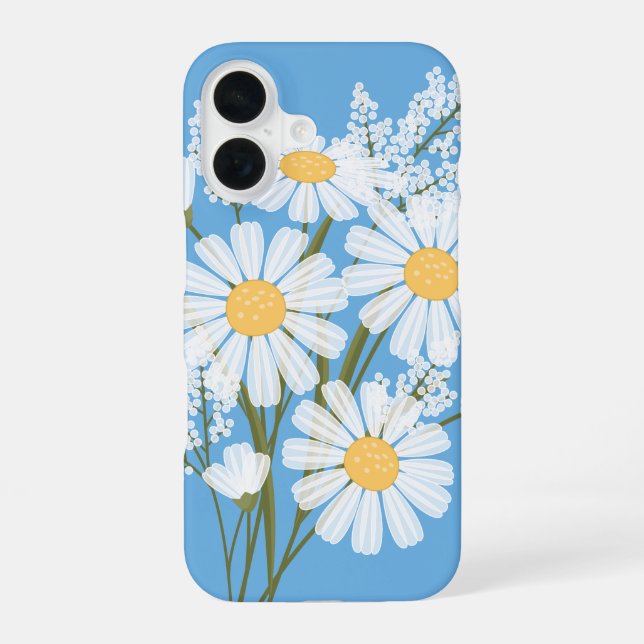 Elegant Floral White Daisies on Blue iPhone 16 Hülle (Rückseite)