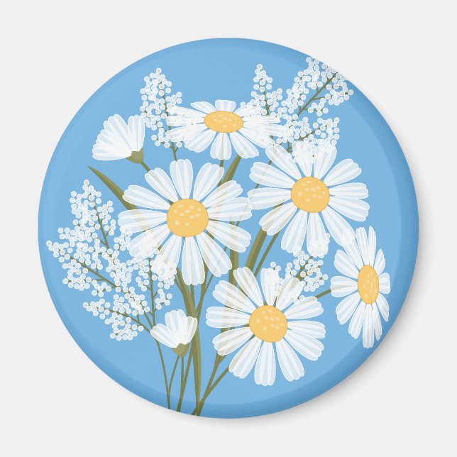 Elegant Floral White Daisies on Blue Magnet (Vorne)