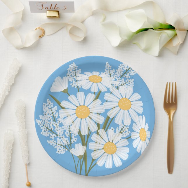 Elegant Floral White Daisies on Blue Pappteller (Hochzeit)