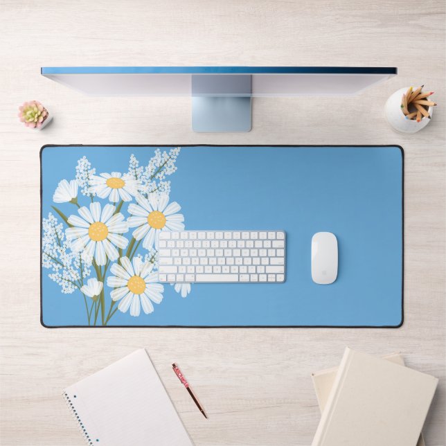 Elegant Floral White Daisies on Blue Schreibtischunterlage (Büro 1)