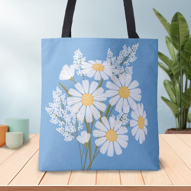 Elegant Floral White Daisies on Blue Tasche (Von Creator hochgeladen)