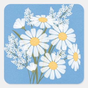 Elegant Floral White Daisies on Blue Wedding Quadratischer Aufkleber