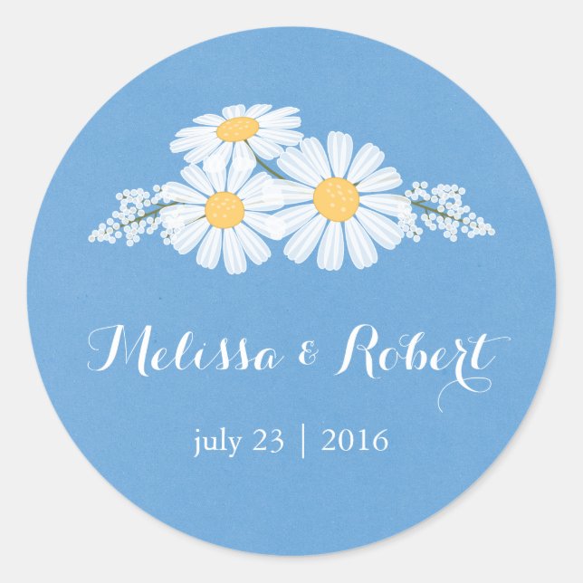 Elegant Floral White Daisies on Blue Wedding Runder Aufkleber (Vorderseite)