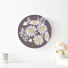Elegant Floral White Daisies on Dark Lila Große Wanduhr